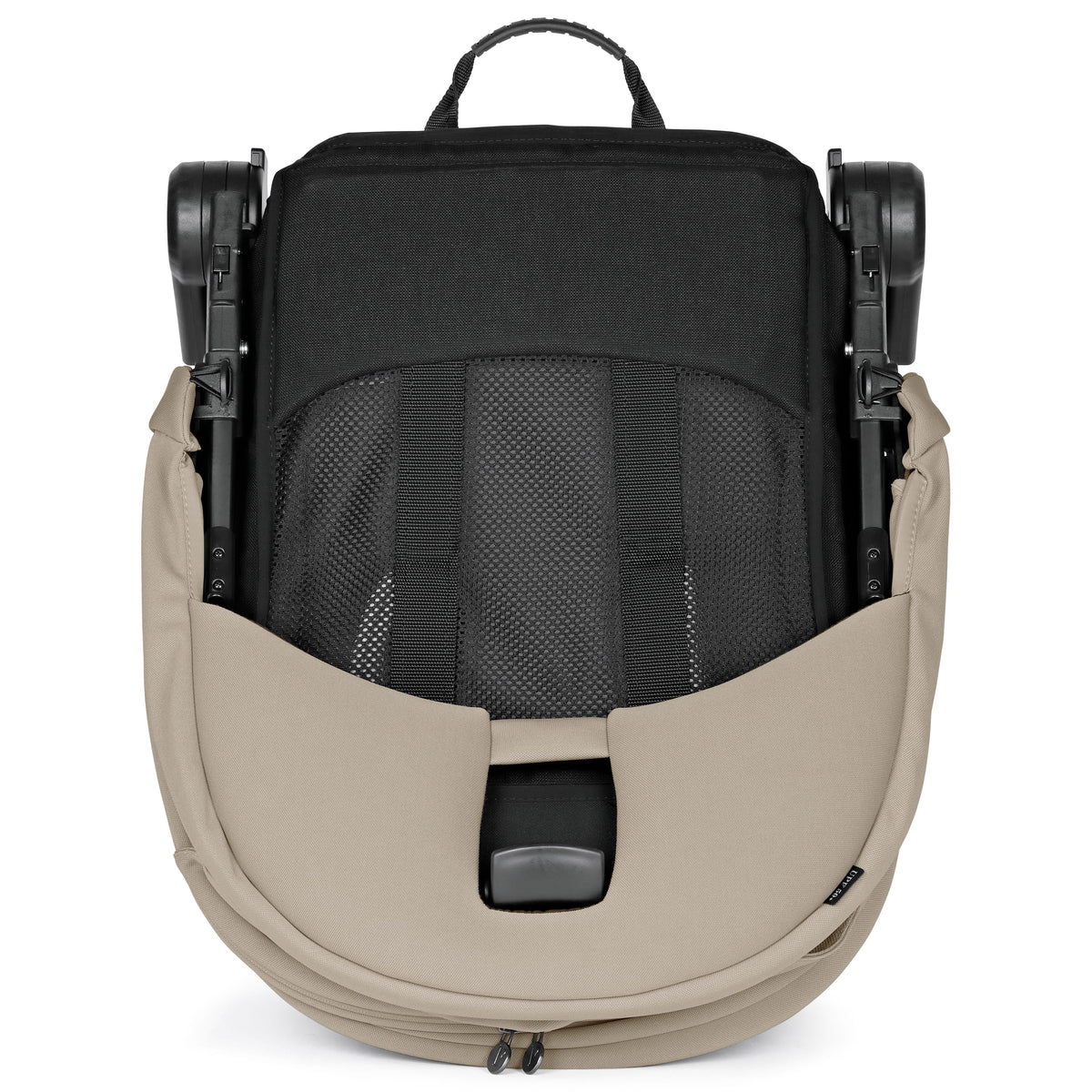 Folded PEG stroller seat in black and beige fabric