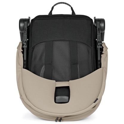 Folded PEG stroller seat in black and beige fabric