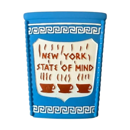 Blue and white New York State of Mind coffee cup magnet with Greek key border