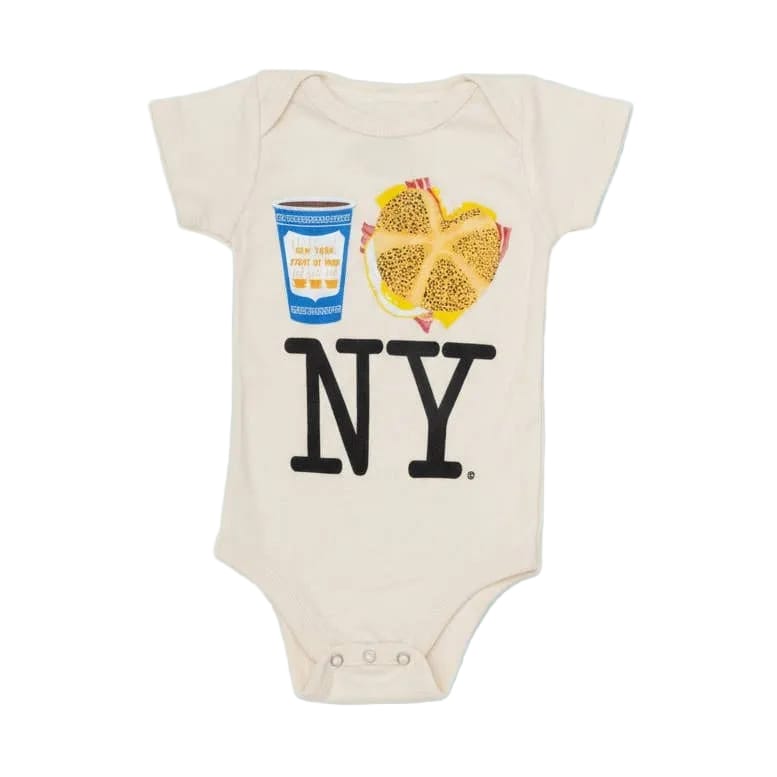 Cream colored baby bodysuit with NY text and coffee and bagel graphic