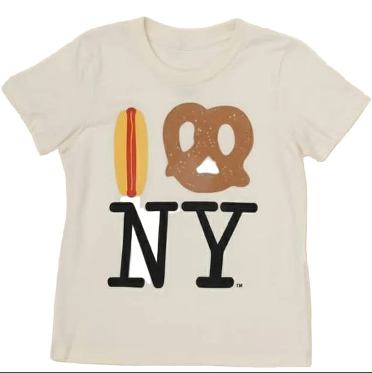 Cream t-shirt with hot dog and pretzel graphic above black NY text