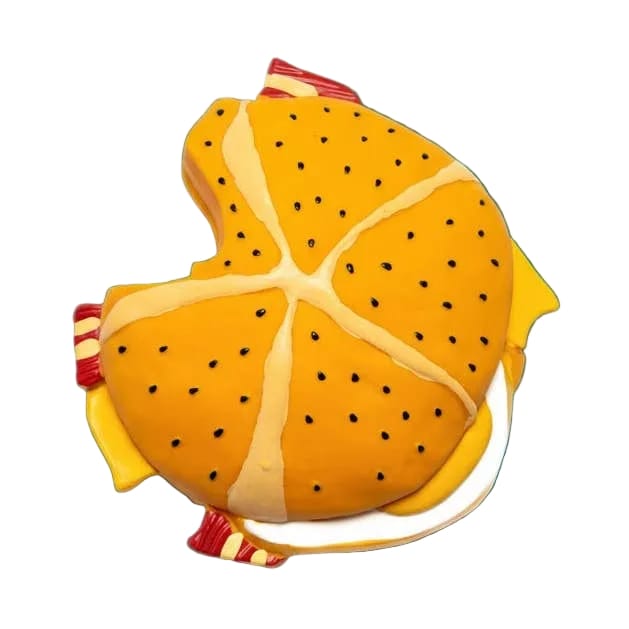 Orange citrus slice shaped cookie with black seeds
