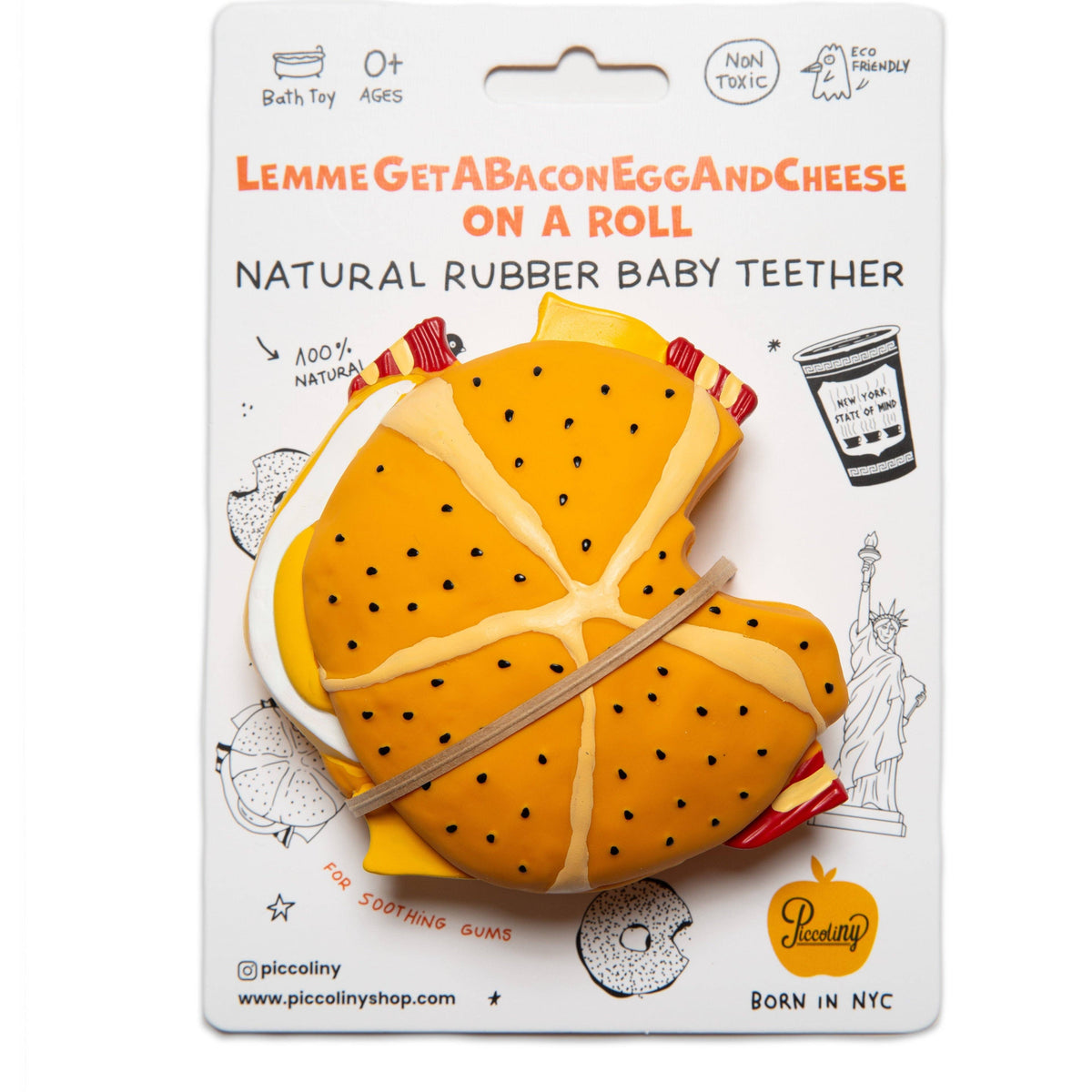 PiccoliNY bacon egg and cheese sandwich natural rubber baby teether on display packaging