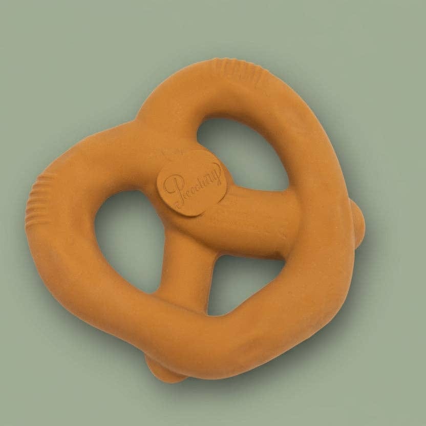 Tan pretzel shaped rubber teether toy