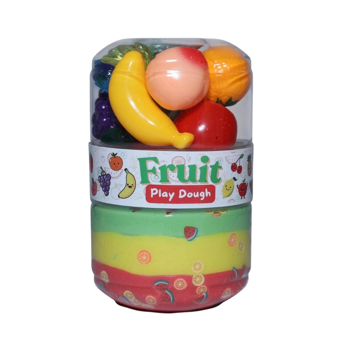 Play Play Dough fruit themed set with plastic fruit shapes and layered colored dough in a clear container