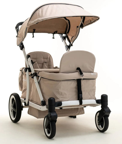 Pronto Squared (2 Seater) Stroller Wagon - White Frame / Sand Beige - PRO2WH-SB