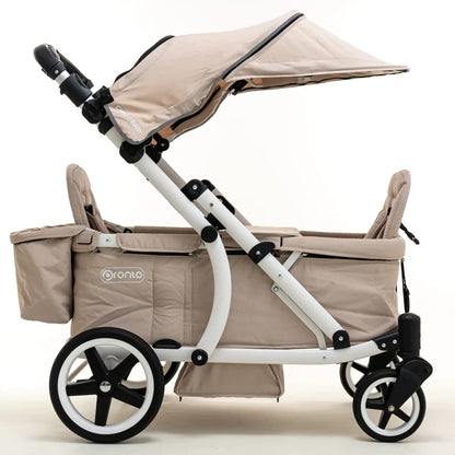 Pronto Squared (2 Seater) Stroller Wagon - White Frame / Sand Beige - PRO2WH-SB