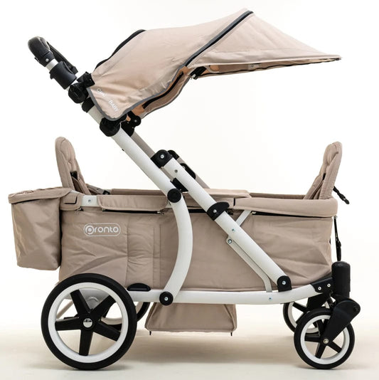 Pronto Squared (2 Seater) Stroller Wagon - White Frame / Sand Beige - PRO2WH-SB