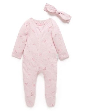Purebaby Zip Growsuit & Headband Set - Pale Pink Blossom, NB
