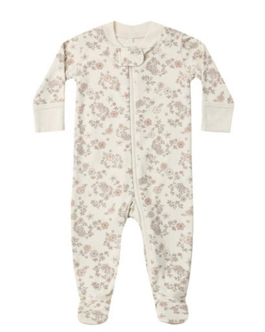 Quincy Mae long sleeve footed sleeper in cream with a small floral print and front zipper closure