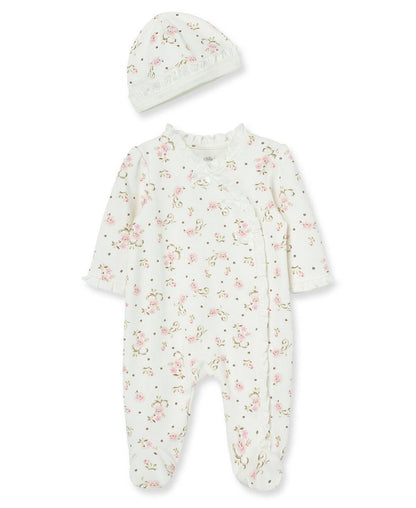 Little Me Vintage Rose Footed One-Piece And Hat - Ivory Print, Preemie