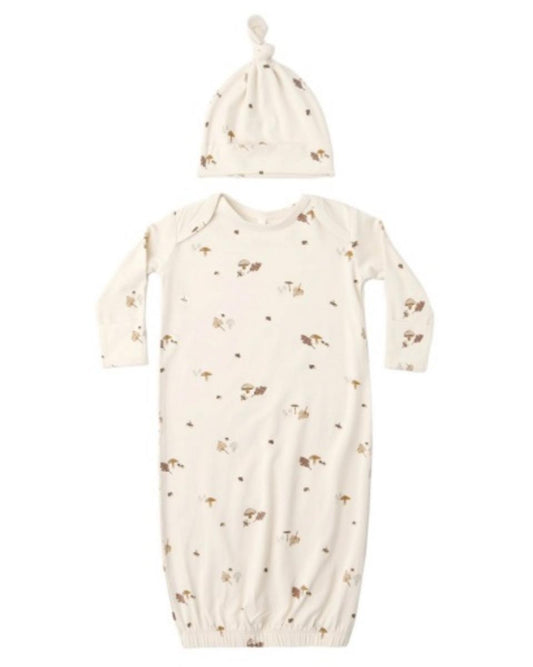 Cream colored baby gown and matching knotted hat with brown mushroom and leaf print