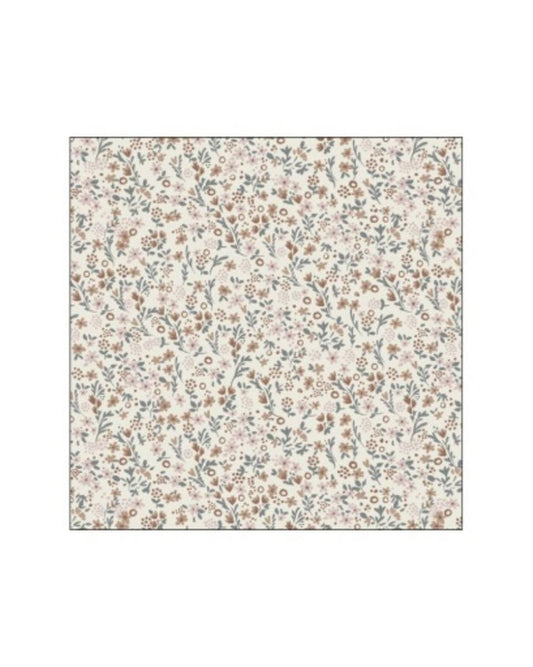 Cream fabric with a repeating pattern of small brown and grey flowers and leaves