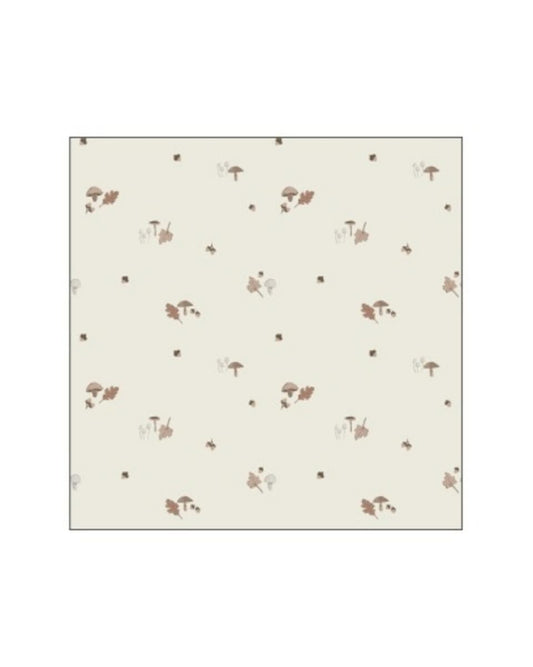 Cream fabric with a repeating pattern of brown mushrooms and oak leaves