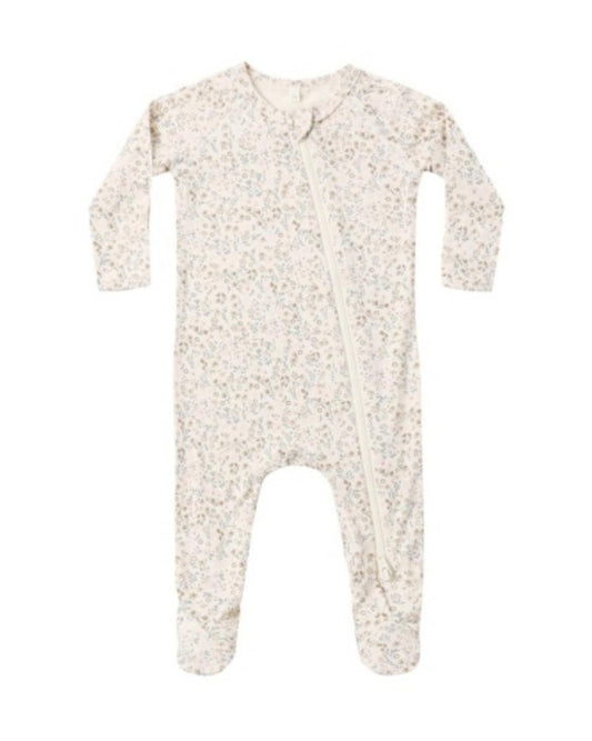 Long sleeve baby footie sleeper in cream with blue and brown floral print and diagonal front zipper