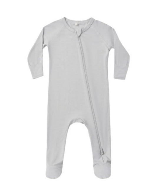 Light grey long sleeve baby footie sleeper with diagonal front zipper