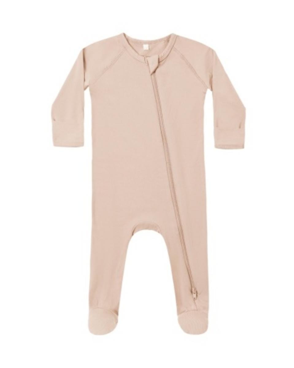 Light pink long sleeve baby footie pajamas with a diagonal front zipper