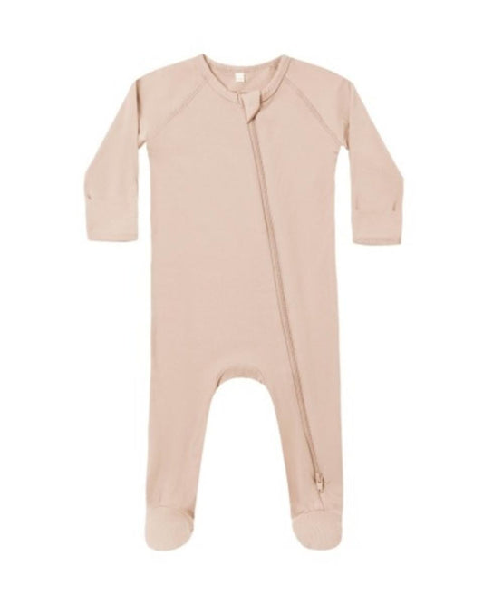 Light pink long sleeve baby footie pajamas with a diagonal front zipper