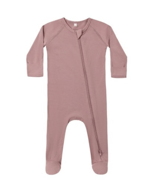 Dusty rose long sleeve baby footie sleeper with diagonal zipper closure