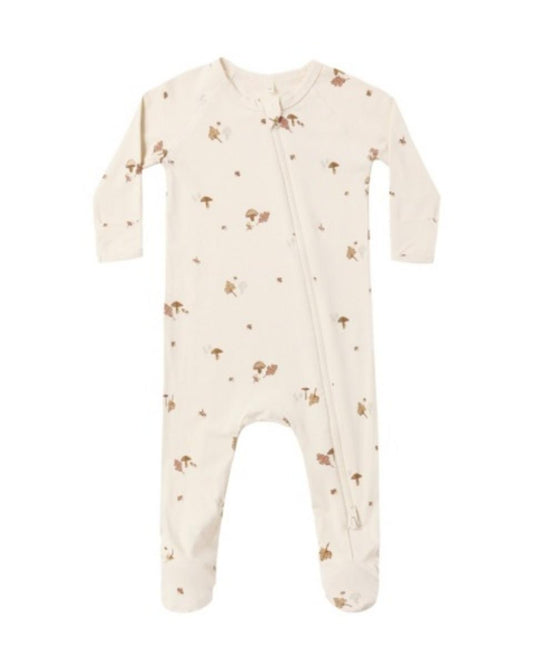 Quincy Mae cream footed sleeper with brown mushroom and leaf print