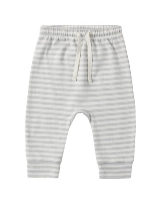 Quincy Mae baby pants in white and grey horizontal stripes with an elastic drawstring waist