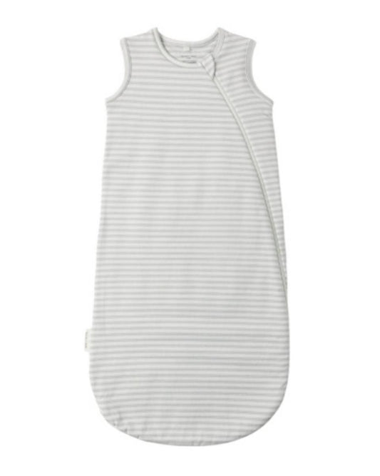 Sleeveless baby sleep sack in white and grey horizontal stripes