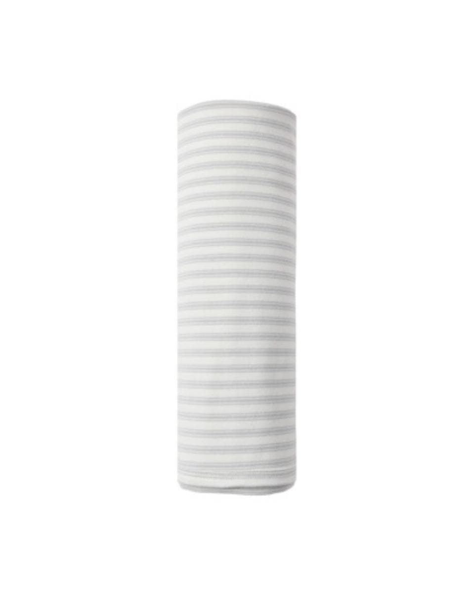 Rolled white swaddle blanket with thin grey horizontal stripes