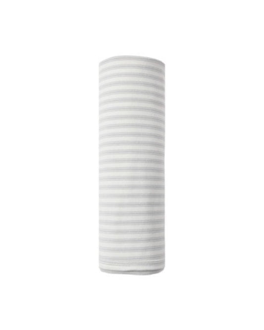 Rolled white swaddle blanket with thin grey horizontal stripes