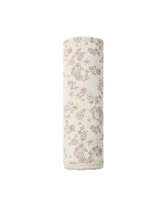 Quincy Mae rolled swaddle blanket with cream background and pink floral print