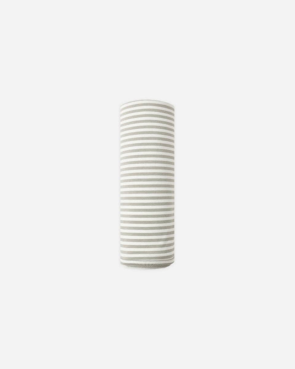Quincy Mae rolled baby blanket with grey and white horizontal stripes