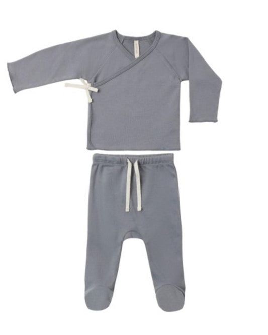 Grey long sleeve wrap top and matching footed pants set with white tie closures