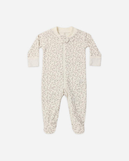 Quincy Mae long sleeve footed sleeper in cream with a small pink and green floral print