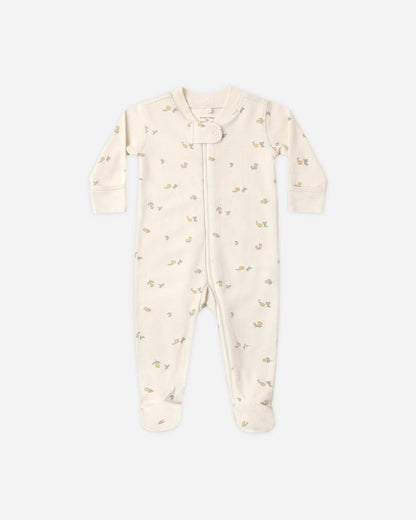 Quincy Mae cream footed sleeper with small yellow pear print