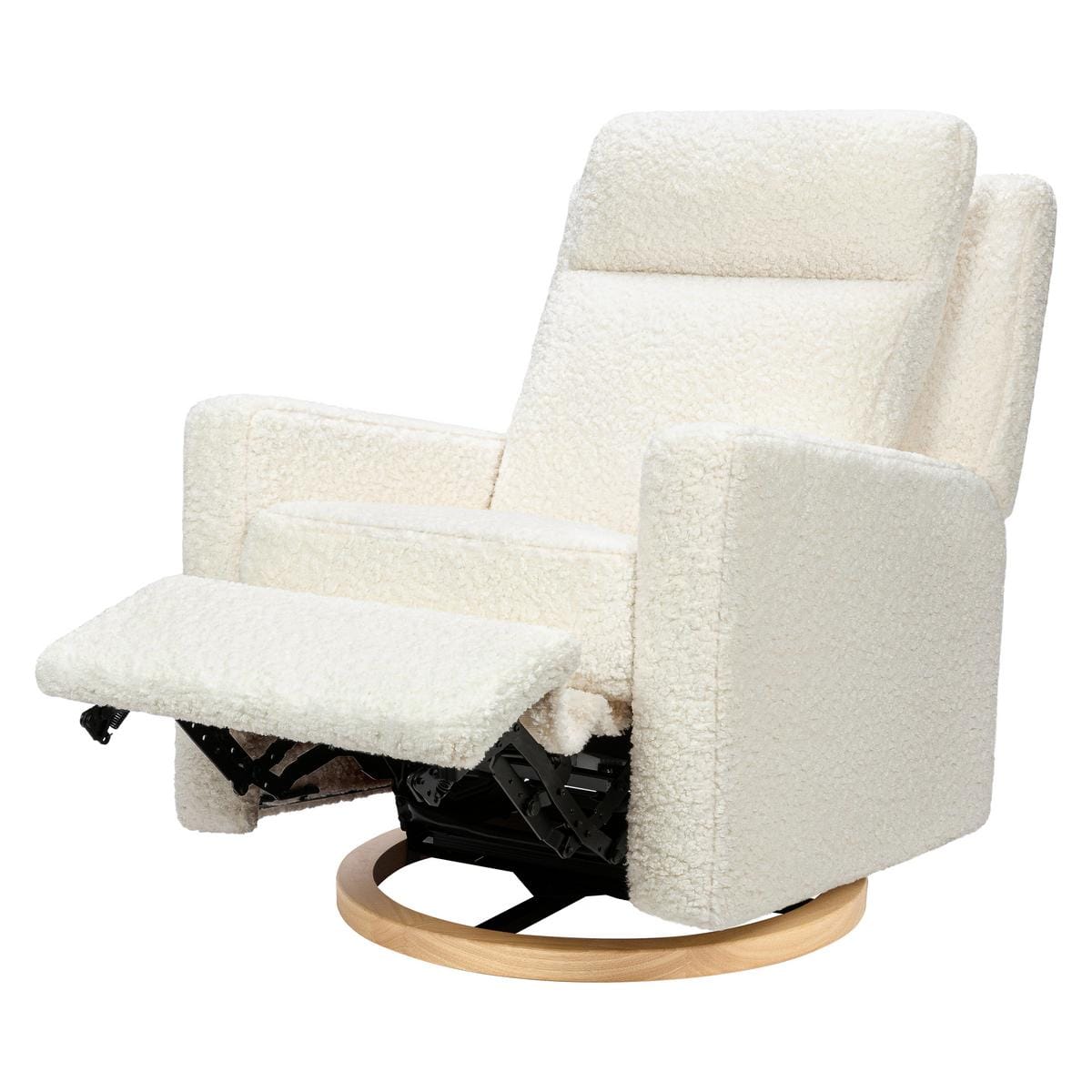 Babyletto Sigi Pro Power Recliner and Swivel Glider with Power Adjustable Headrest and Lumbar Support - Cream Shearling with Light Wood Base