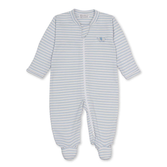 Kissy Kissy blue and white striped footed sleeper with small elephant embroidery