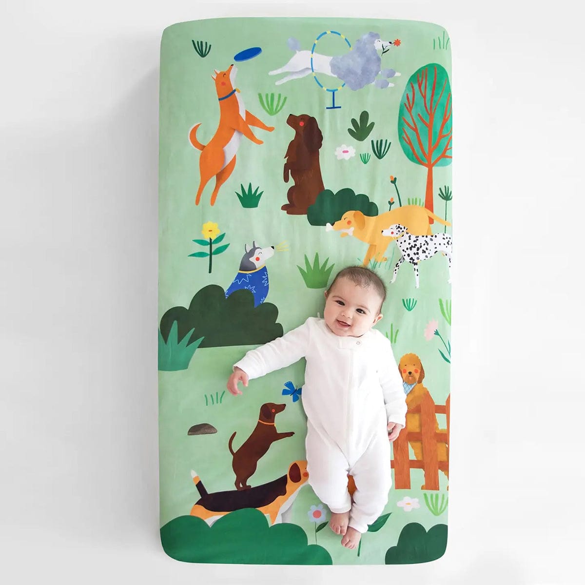 Rookie Humans Cotton Sateen Crib Sheet - At the Dog Park - LAURA003