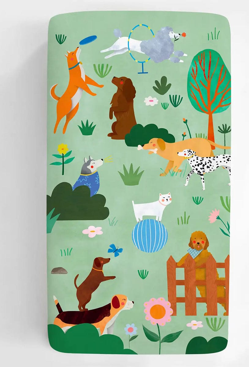 Rookie Humans Cotton Sateen Crib Sheet - At the Dog Park - LAURA003