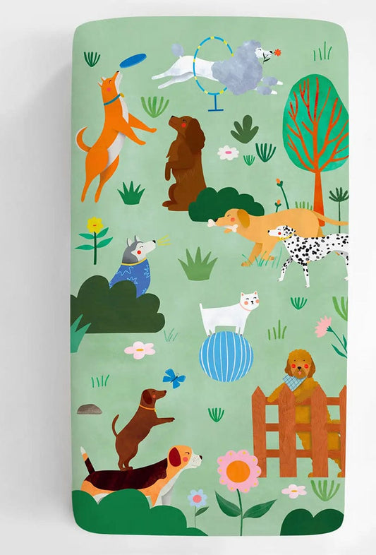 Rookie Humans Cotton Sateen Crib Sheet - At the Dog Park - LAURA003