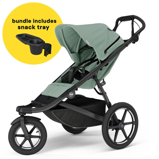 Thule Urban Glide 3 Single Jogging Stroller with NON-Magnetic Buckle + Snack Tray Bundle - Mist Green