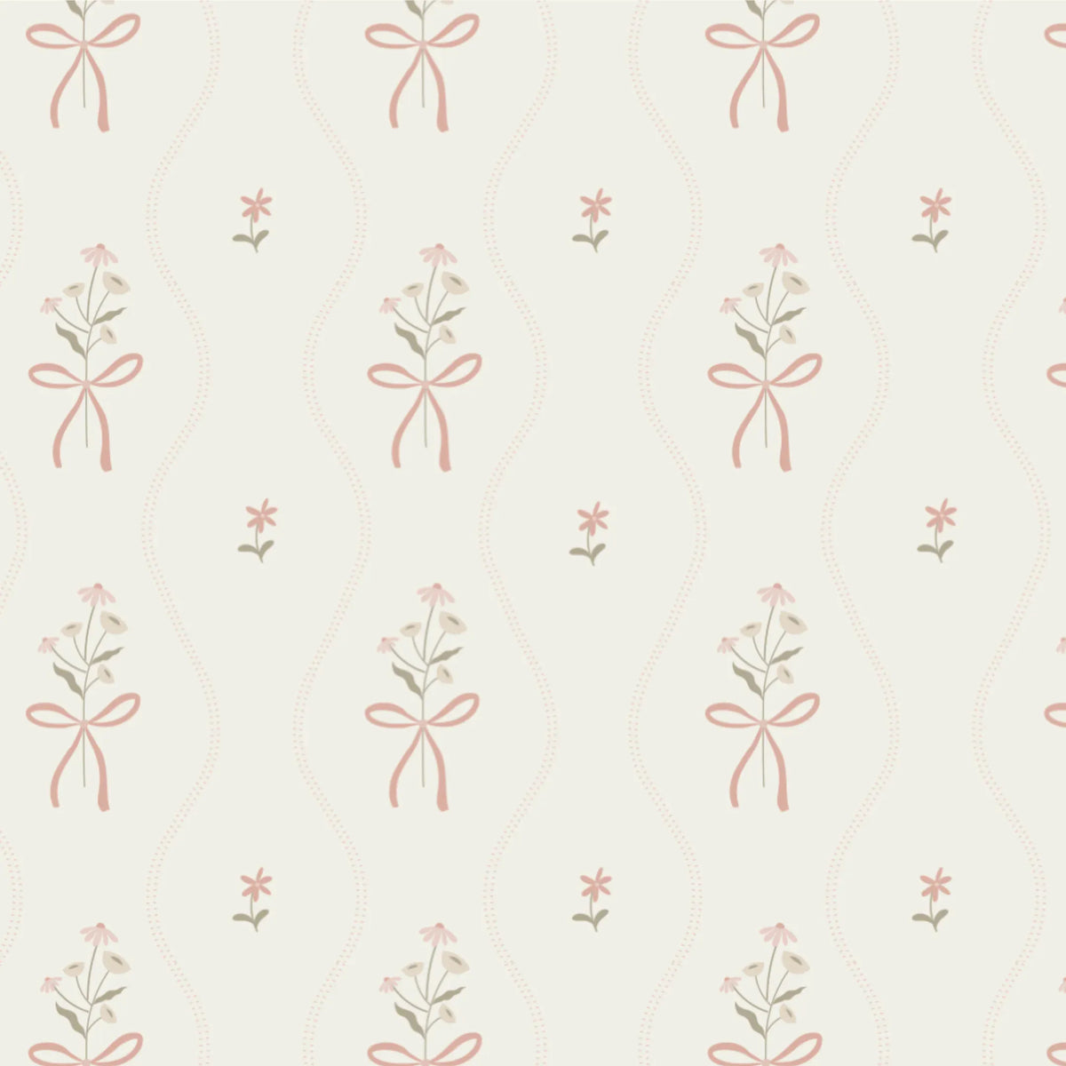 Saranoni fabric pattern featuring small floral bouquets tied with pink bows on a cream background