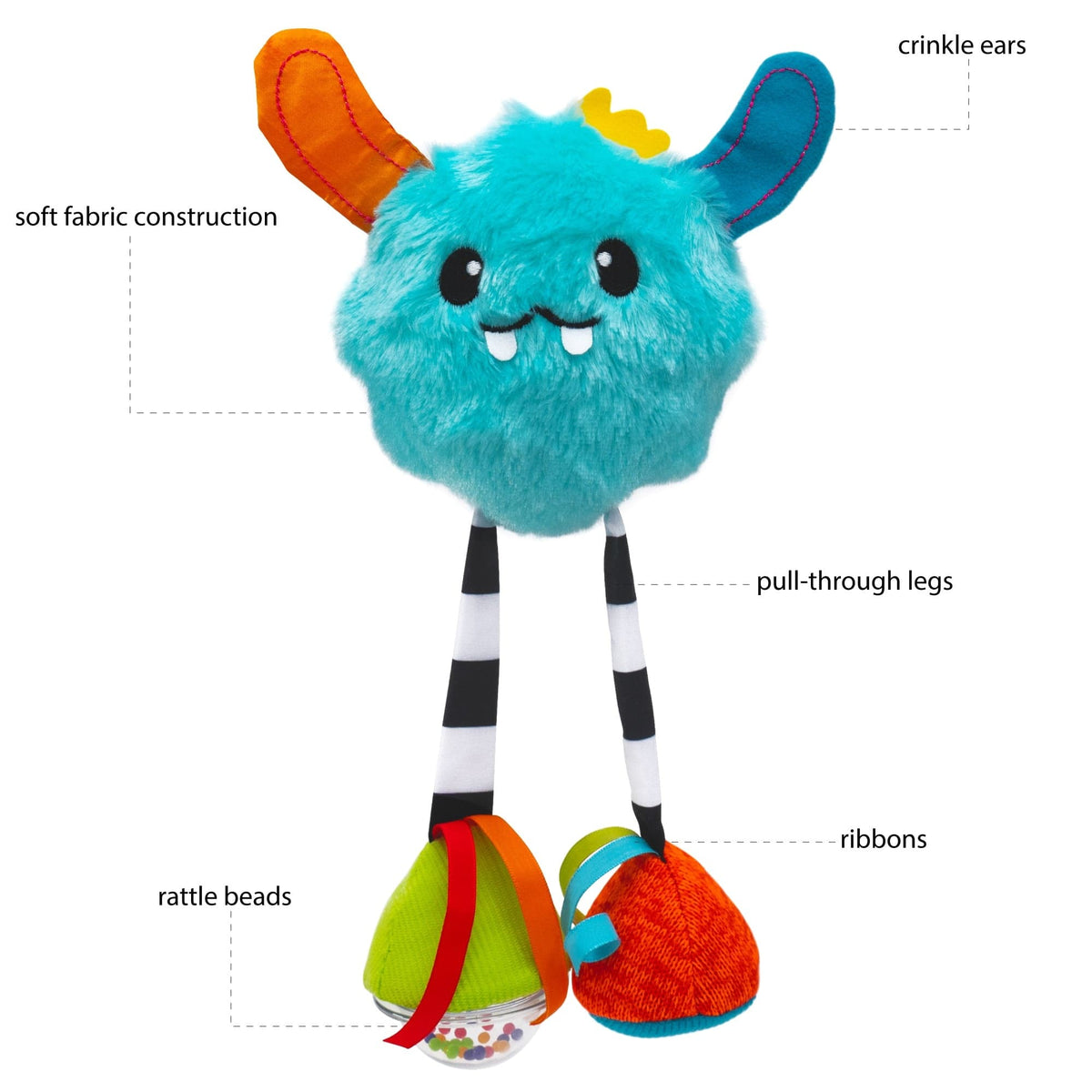 Sassy plush monster toy with crinkle ears pull through legs and rattle beads