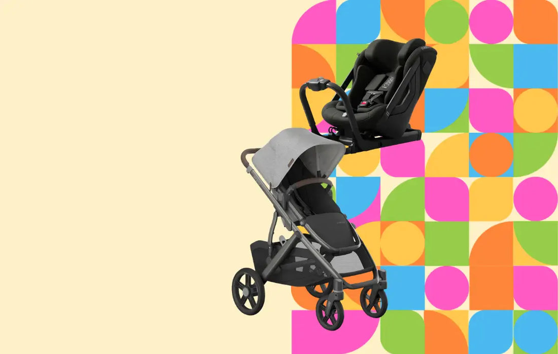 UPPAbaby Vista V3 stroller in Bea and Axkid car seat against a colorful yellow, pink, blue, orange, and green background - semi-annual sale happening now!