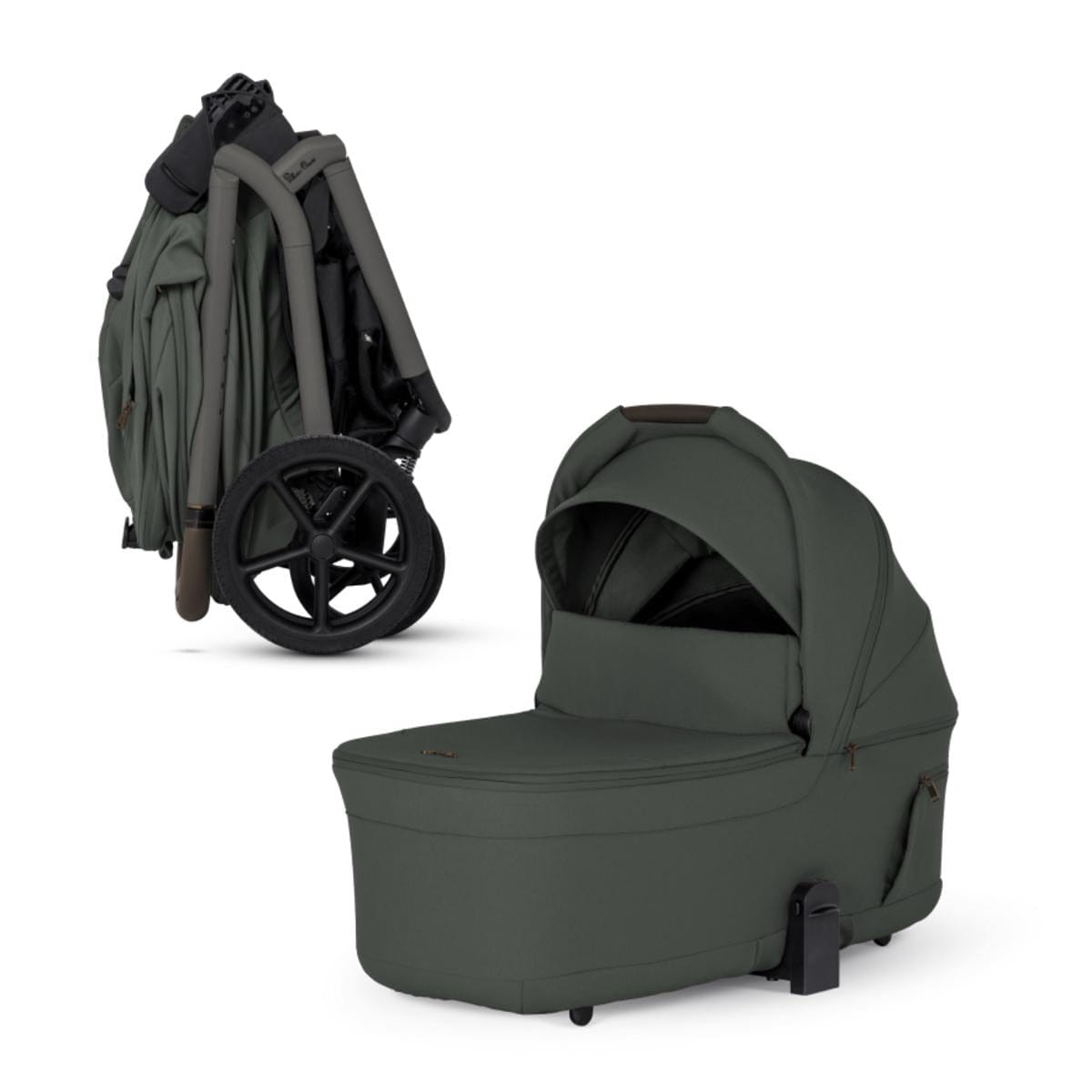 Pewter compact bassinet by Silver Cross, shown unfolded and folded, with black wheels and brown accents, side view.