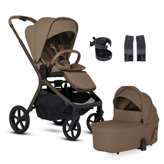 Silver Cross stroller with seat unit, carrycot, cup holder, and car seat adapters