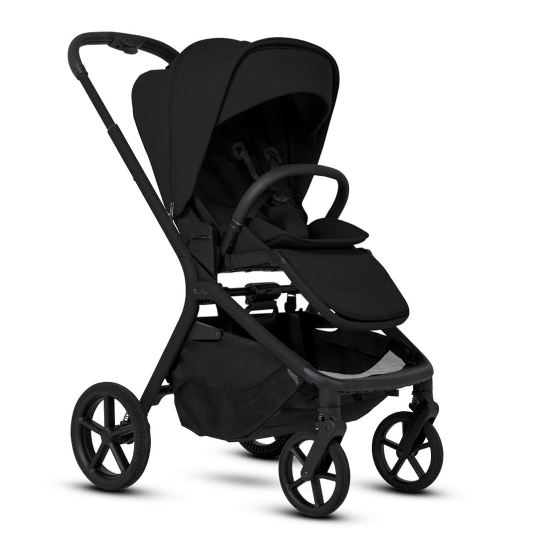 Onyx modular stroller by Silver Cross, sleek black frame with canopy, five-spoke wheels, side view, textured fabric seat and storage basket