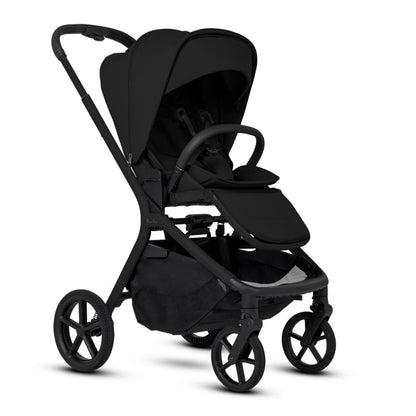 Onyx modular stroller by Silver Cross, sleek black frame with canopy, five-spoke wheels, side view, textured fabric seat and storage basket
