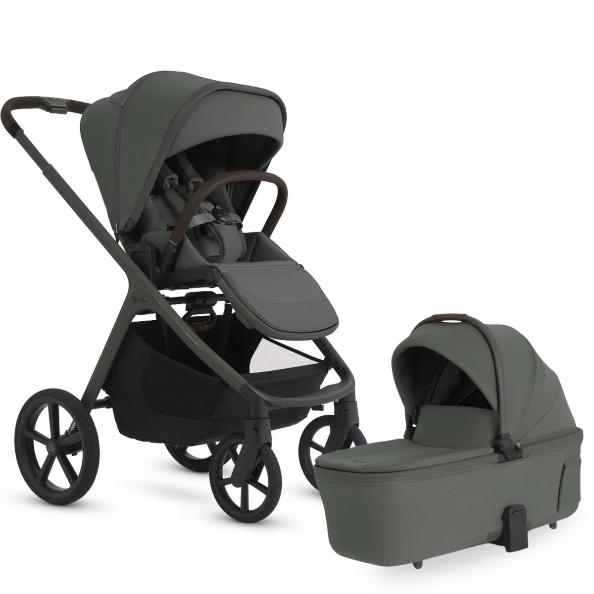Silver Cross Reef stroller in olive green with matching carrycot