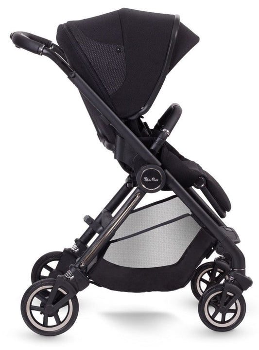 Black Dune stroller by Silver Cross with mesh canopy, padded seat, and four-wheel chassis, front three-quarter view