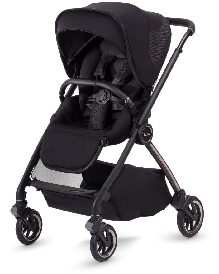 Black Dune stroller by Silver Cross with mesh canopy, padded seat, and four-wheel chassis, front three-quarter view