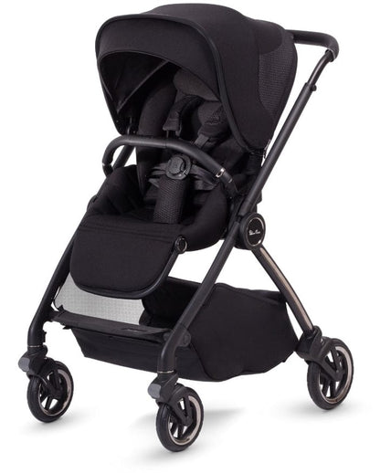 Black Dune stroller by Silver Cross with mesh canopy, padded seat, and four-wheel chassis, front three-quarter view